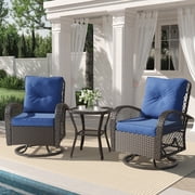 Techmilly 3 Pieces Patio Furniture Set, Outdoor Swivel Gliders Rocker, Wicker Patio Bistro Set with Rattan Rocking Chair for Porch Deck Backya Navy Blue