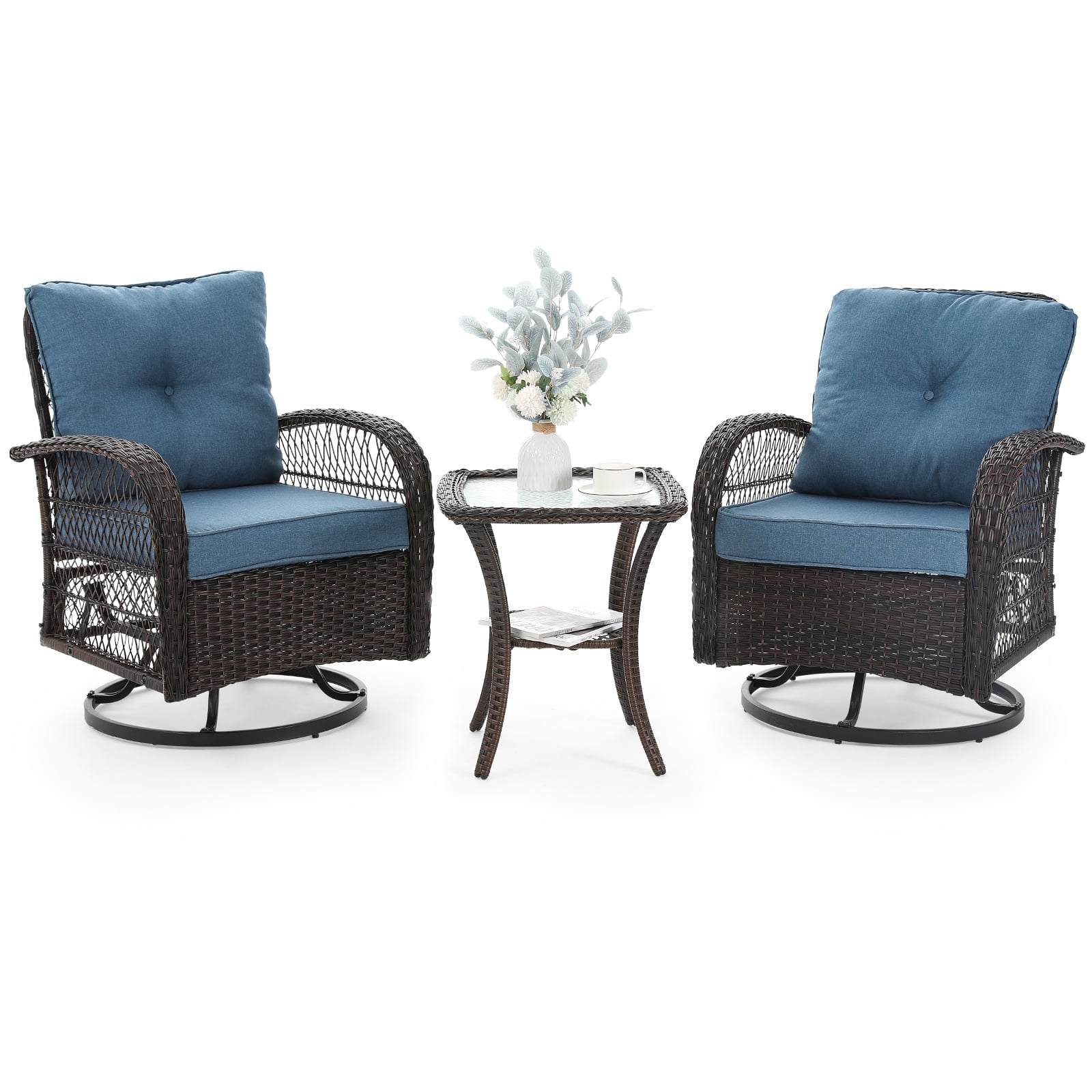 Techmilly 3-Piece Outdoor Patio Set, Swivel Gliders Rocker, Wicker Bistro with Rattan Chair (Navy Blue)