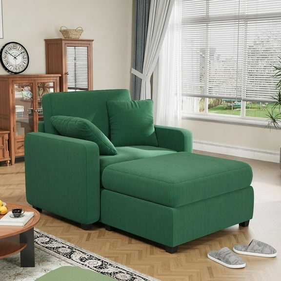 Techmilly 42" Oversized Chaise Lounge Chair Indoor, Corduroy Upholstered Cloud Sofa Bed with Throw Pillows and Armrests, Comfy Leisure Plush Chair Bed, Sleeper Sofa Couch Bed for Living Room, Green