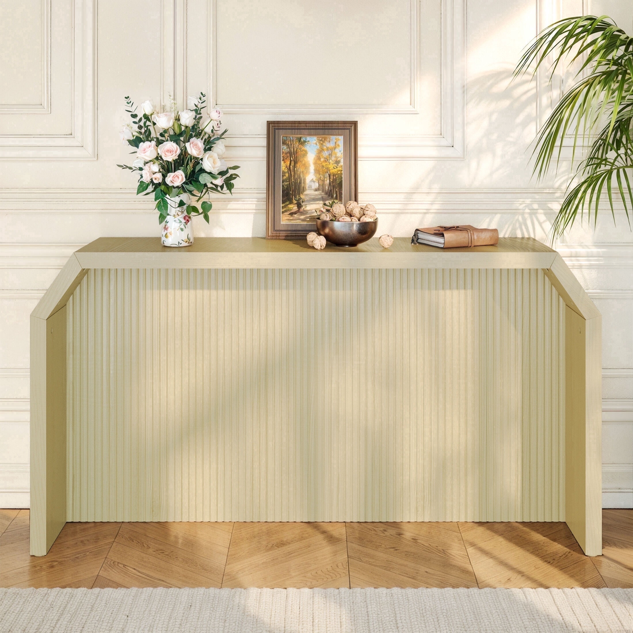 Techmilly 55.9" Fluted Sofa Console Table Behind Couch, Modern Vintage Fluted Entryway Table for Living Room, Hallway,Entry,Light Natural Wood