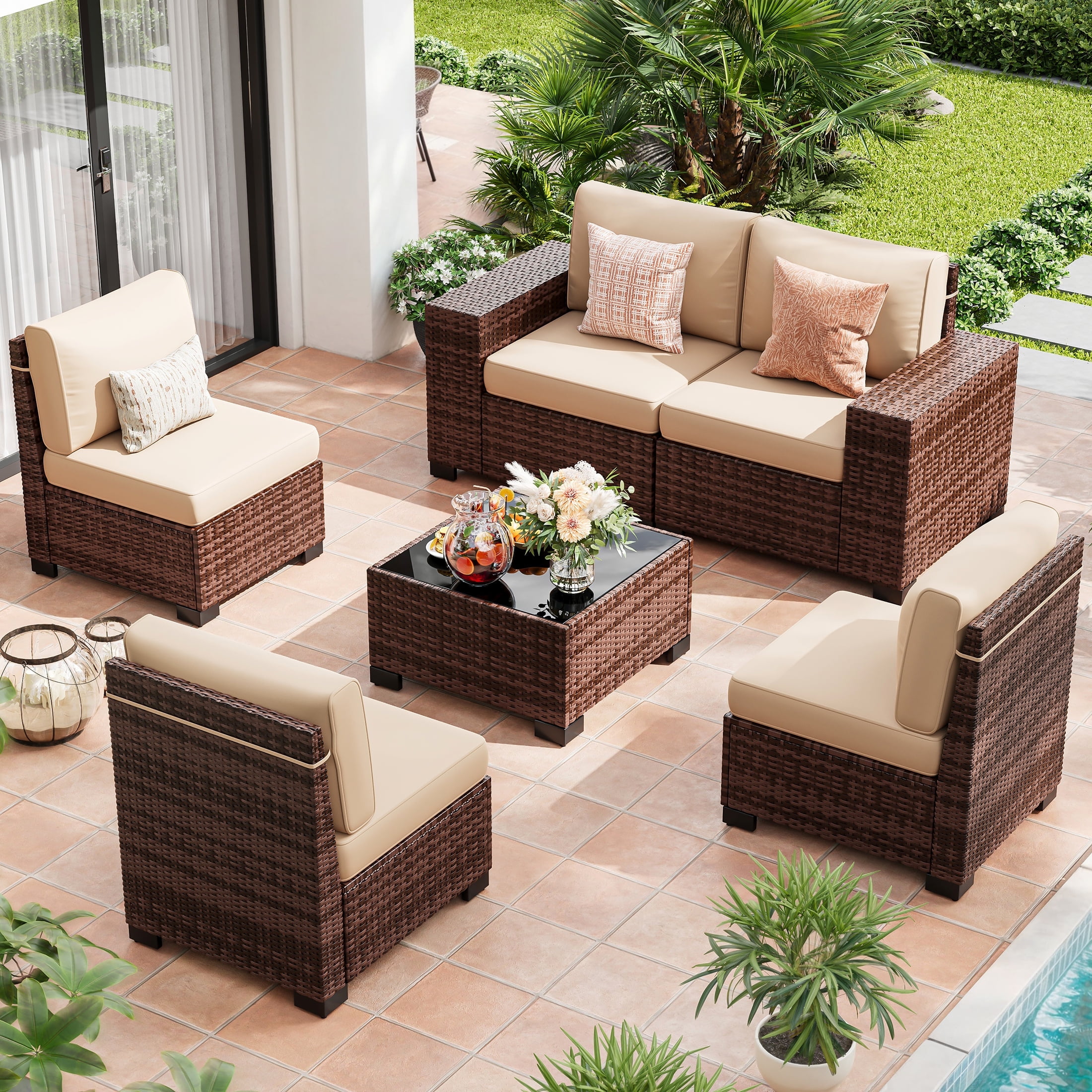 Techmilly 6-Piece Patio Furniture Set, Outdoor Patio Sofa Set With Wide Armrest, All-Weather Wicker Rattan Guest Set With Cushion And Glass Table And Waterproof Cover, Brown & Khaki