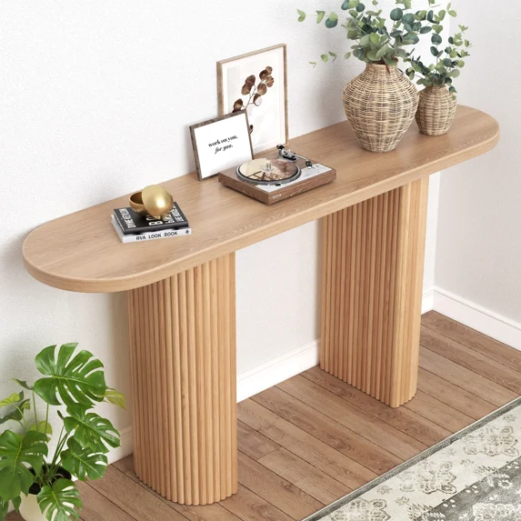 Techmilly 60" Extra Long Solid Wood Sofa Console Table,Natural Wood