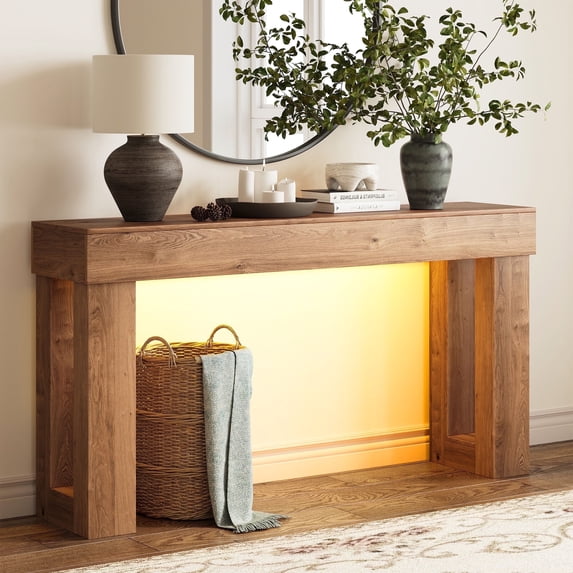 Techmilly 63" Modern Console Table with LED Light Strip,Brown Finish Narrow Entryway Sofa Table for Living Room Hallway