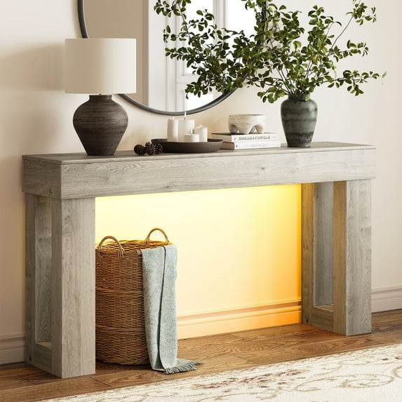 Techmilly 63" Modern Console Table with LED Light Strip,Gray Finish Narrow Entryway Sofa Table for Living Room Hallway