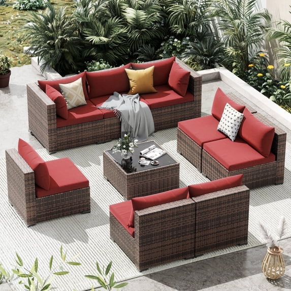 Techmilly Patio Furniture Sets, Modular Rattan Outdoor Patio Sectional Furniture Sofa Set, Wicker Patio Conversation Set for Backyard,9PCS