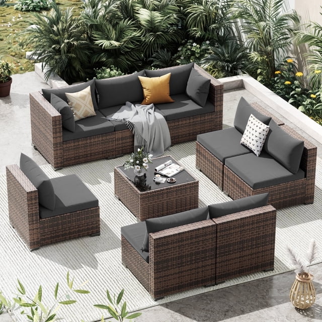 Techmilly Patio Furniture Sets, Modular Rattan Outdoor Patio Sectional Furniture Sofa Set, Wicker Patio Conversation Set for Backyard,9PCS