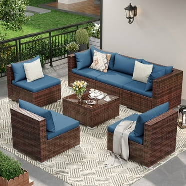 Techmilly Patio Furniture Sets, Modular Rattan Outdoor Patio Sectional Furniture Sofa Set, Wicker Patio Conversation Set for Backyard,7PCS