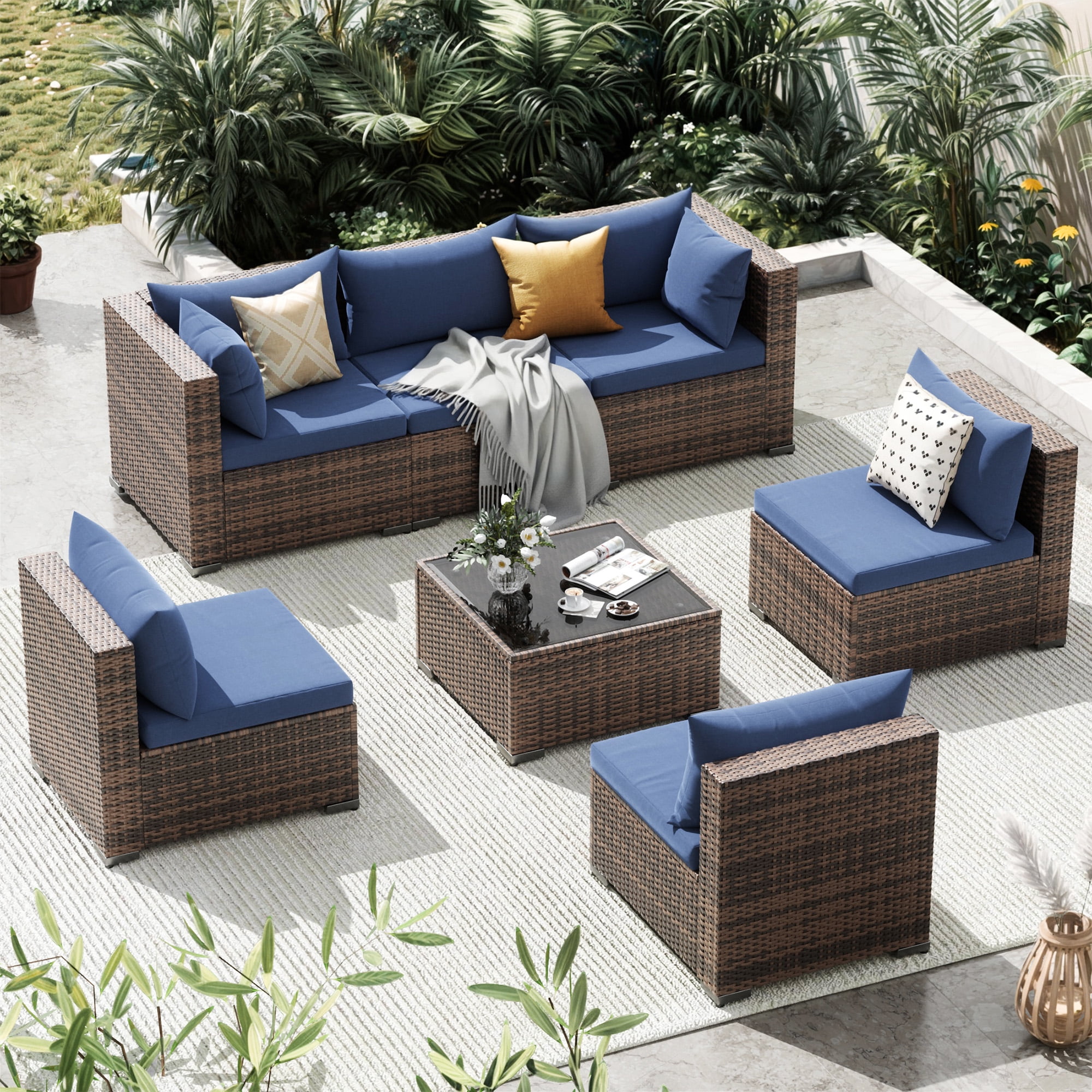 Techmilly Patio Furniture Sets, Modular Rattan Outdoor Patio Sectional Furniture Sofa Set, Wicker Patio Conversation Set for Backyard,7PCS