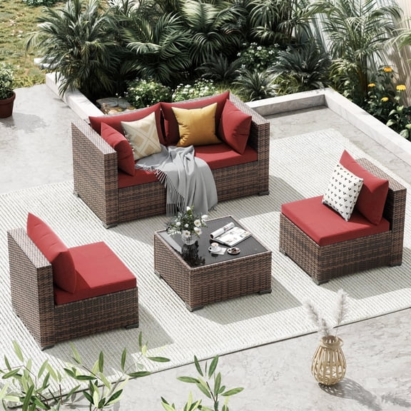 Techmilly Patio Furniture Sets, Modular Rattan Outdoor Patio Sectional Furniture Sofa Set, Wicker Patio Conversation Set for Backyard,5PCS