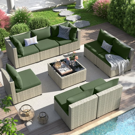 Techmilly 9 Pieces Outdoor Patio Furniture Set, Outdoor Wicker Patio Conversation Set with Cushions for Backyard, Porch, Garden(Green)