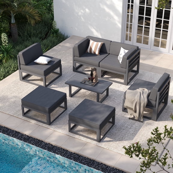 Techmilly Aluminum Patio Furniture, Metal Patio Conversation Set with Waterproof Cover, 5 Inch Thick Cushions , Modern Outdoor Furniture for Deck & Backyard, Dark Gray