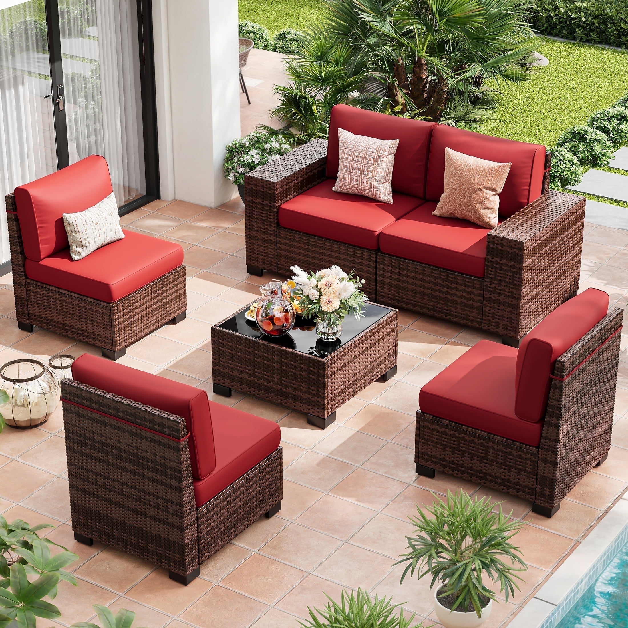 TECHMILLY 6-Piece Patio Furniture Set, Outdoor Patio Sofa Set With Wide Armrest, All-Weather Wicker Rattan Guest Set With Cushion And Glass Table And Waterproof Cover,Brown & Wine Red