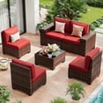 thumbnail image 1 of TECHMILLY 6-Piece Patio Furniture Set, Outdoor Patio Sofa Set With Wide Armrest, All-Weather Wicker Rattan Guest Set With Cushion And Glass Table And Waterproof Cover,Brown & Wine Red, 1 of 9
