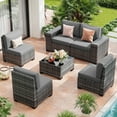 thumbnail image 1 of TECHMILLY 6-Piece Patio Furniture Set, Outdoor Patio Sofa Set With Wide Armrest, All-Weather Wicker Rattan Guest Set With Cushion And Glass Table And Waterproof Cover, Grey & Dark Grey, 1 of 9