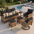 thumbnail image 1 of TECHMILLY 6 Pieces Outdoor Conversation Set, All-Weather Wicker Rattan Outdoor Sectional Sofa Set with Ottoman and Swivel Chairs for Poolside, Backyard，Yellow Brown Wicker Black Cushions, 1 of 7