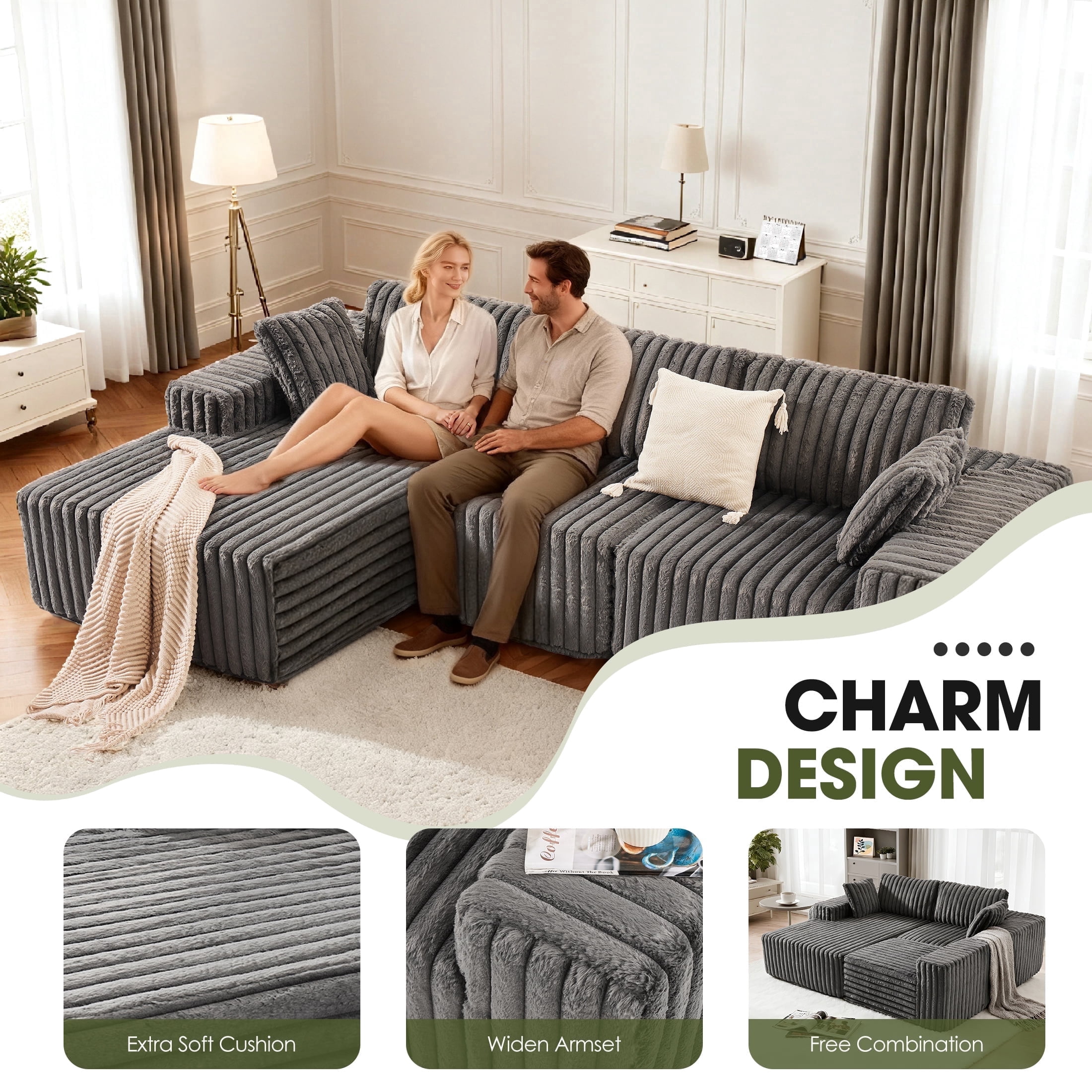 Techmilly 113” Cloud L-Shaped Sectional Couches,Modular Sofa with Deep Seat, Sponge Compression Sofas,Modern Modular L-Shape Sofa Couch with Chaise for Living Room Bedroom (Gray, Left Facing Chaise)