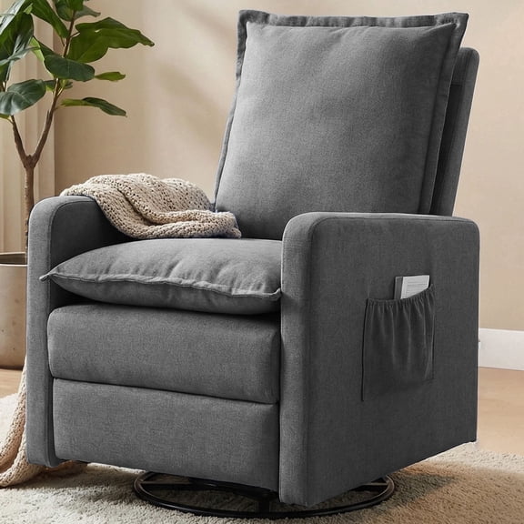 Techmilly Recliner Chair,Nursery Glider for Living Room, 360° Swivel Motion, Upholstered Swivel Rocking Glider, Linen Dark Gray