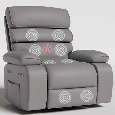 Techmilly Oversized Swivel Rocker Recliner Chair with Heat and Massage, Adjustable Recline for Living Room,PU Leather (Light Grey 35" Seat Width)