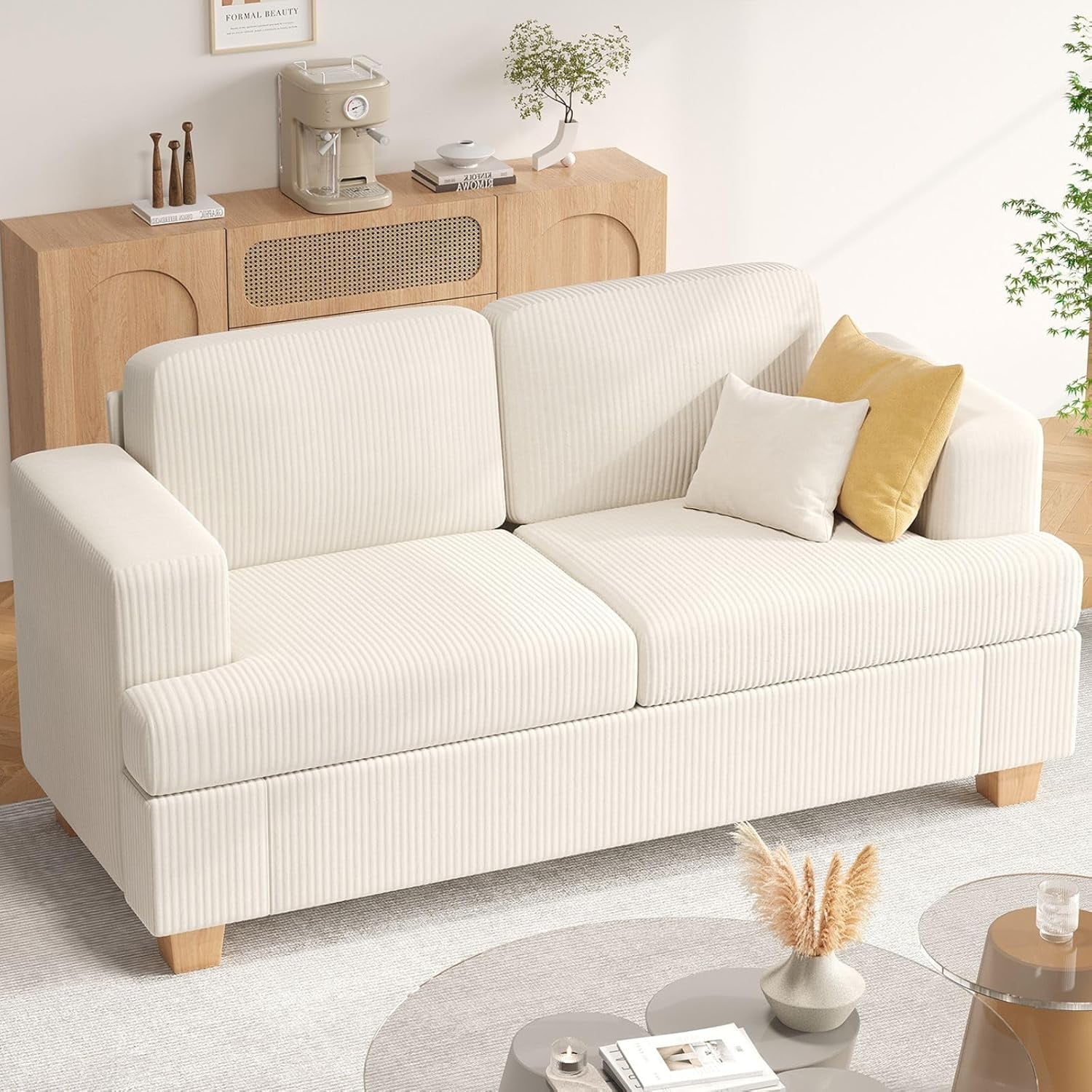 Techmilly Modern Deep Seat Loveseat, Off-White Corduroy