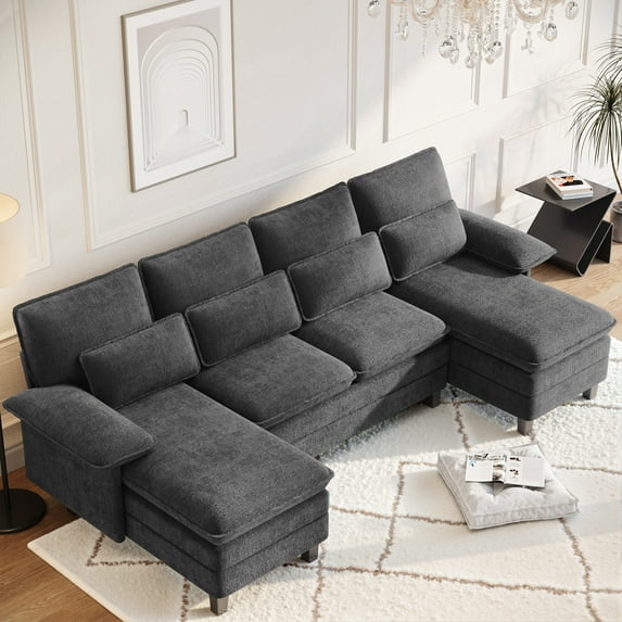 Techmilly Modern U-Shaped Sectional Sofa with Double Chaise & Movable Ottomans, 4-Seat Chenille Fabric Couch for Living Room, Dark Grey