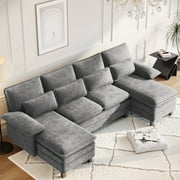 Techmilly Modern U-Shaped Sectional Sofa with Double Chaise & Movable Ottomans, 4-Seat Chenille Fabric Couch for Living Room, Light Grey