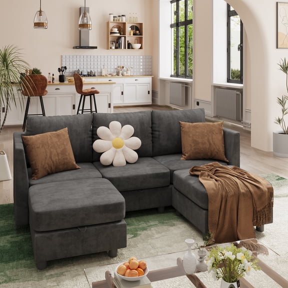 Techmilly Modular Sectional Couch, 5 Seats U Shaped Couch with Storage, Modern Chenille Sofa Set with USB Charging Ports, Comfy Couches with Chaise for Living Room, Office, Dark Grey