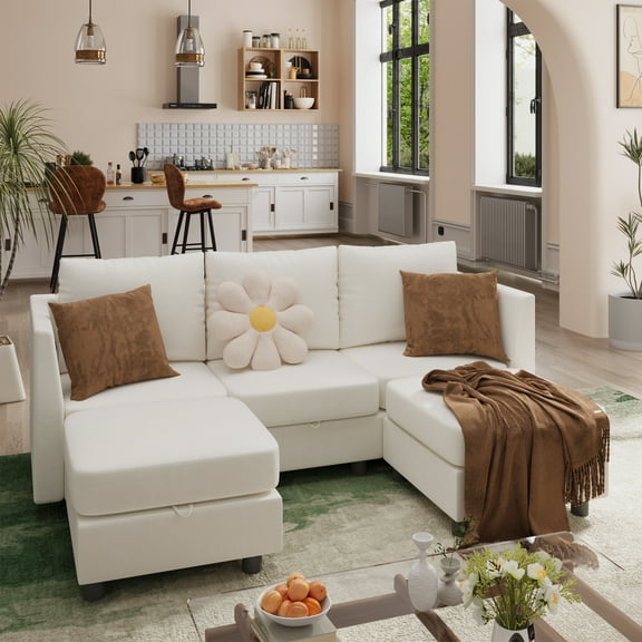 Techmilly Modular Sectional Sofa, Modern Chenille Sofa Set with USB Charging Ports, 5 Seats U Shaped Couch with Lagre Storage, Comfy Convertible Couches with Chaise for Living Room, Beige