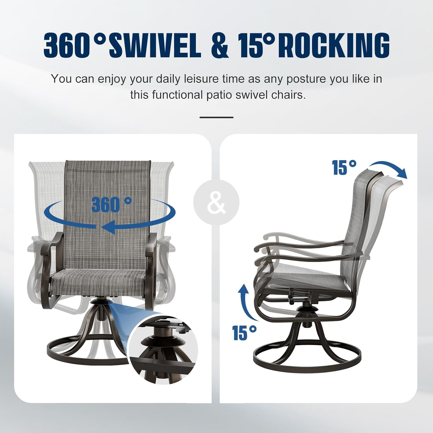Techmilly Outdoor Dining Chairs , Patio Swivel Chairs Set of 2, Support 400lbs , Light Grey