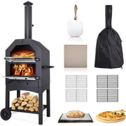 Techmilly Outdoor Pizza Oven Wood Fired, Wood Pizza Ovens for Outside with Waterproof Cover, Pizza Stone, Peel, 2 Layer Steel, Freestanding Steel Oven with 2 Wheels for Kitchen BBQ Backyard Party