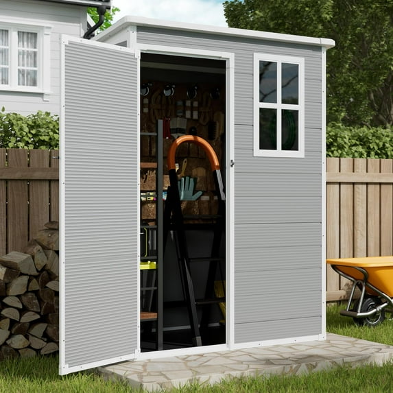 Techmilly Outdoor Storage Shed 5x3 FT, Resin Garden Shed for Bike, Garbage Can, Tool, Plastic Outside Sheds & Outdoor Storage Storage Box with Lockable Door for Backyard, Patio, Lawn, Grey & White