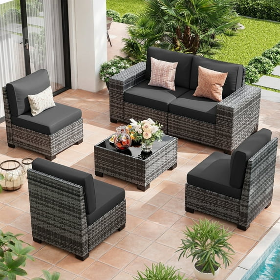 TECHMILLY 6-Piece Patio Furniture Set, Outdoor Patio Sofa Set With Wide Armrest, All-Weather Wicker Rattan Guest Set With Cushion And Glass Table And Waterproof Cover, Grey & Black