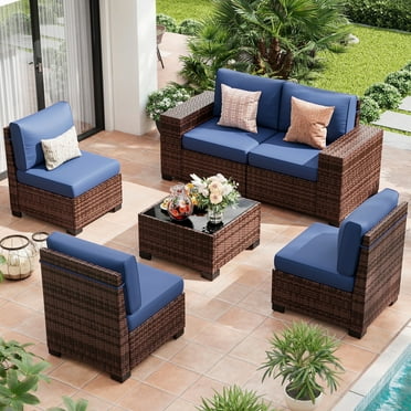 TECHMILLY 6-Piece Patio Furniture Set, Outdoor Patio Sofa Set With Wide Armrest, All-Weather Wicker Rattan Guest Set With Cushion And Glass Table And Waterproof Cover, Brown & Navy Blue