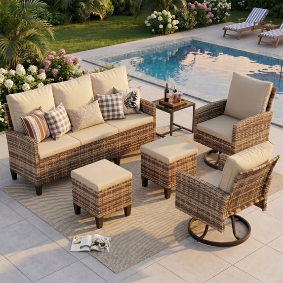 TECHMILLY 6 Pieces Outdoor Conversation Set, All-Weather Wicker Rattan Outdoor Sectional Sofa Set with Ottoman and Swivel Chairs for Poolside, Backyard,Yellow Brown Wicker Beige Cushions