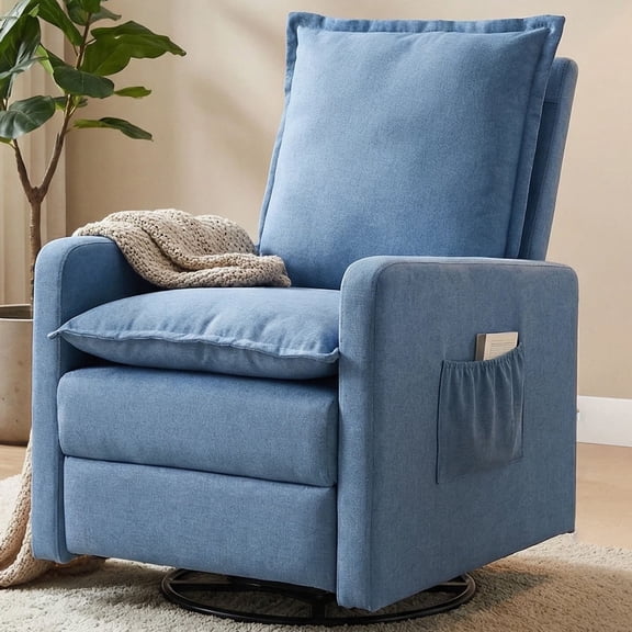 Techmilly Upholstered Glider Recliner Rocking Chair 360° Swivel for Nursery and Living Room, Bedroom, Linen Blue