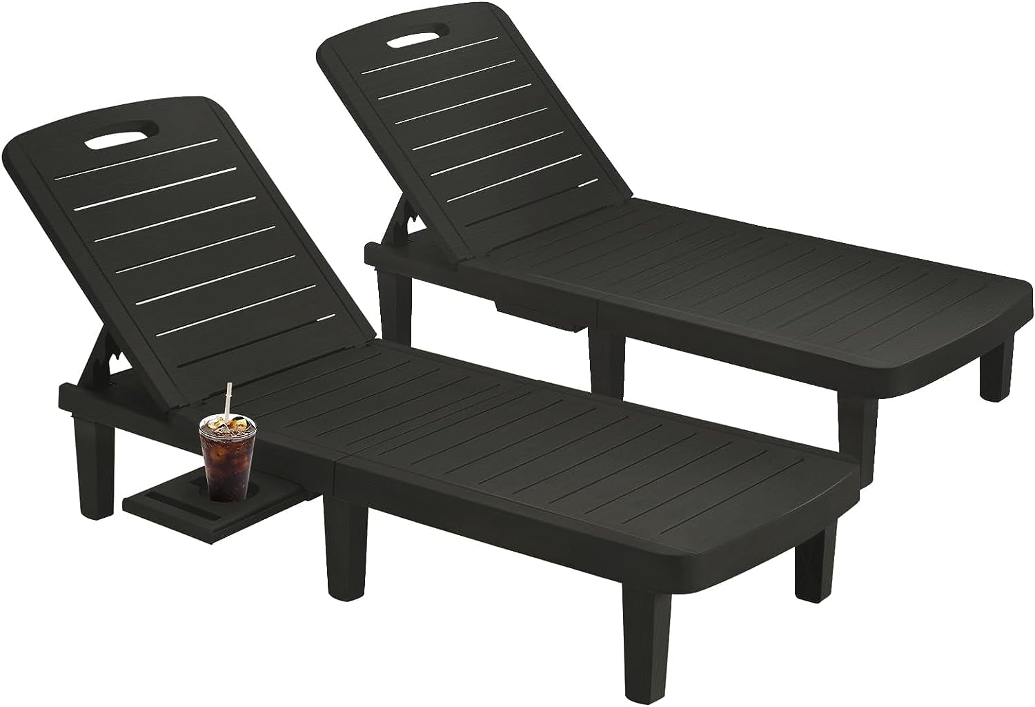 Black Resin Adjustable Outdoor Chaise Lounge Set with Cup Holders