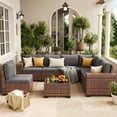 thumbnail image 1 of Techmilly Patio Furniture Set with Fire Pit Table, Outdoor Patio Sofa Set With Wide Armrest, All-Weather Wicker Rattan Guest Set With Cushion And Glass Table And Waterproof Cove，Brown Gray, 1 of 15