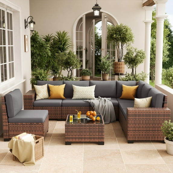 Techmilly Patio Furniture Set with Fire Pit Table, Outdoor Patio Sofa Set With Wide Armrest, All-Weather Wicker Rattan Guest Set With Cushion And Glass Table And Waterproof Cove,Brown Gray