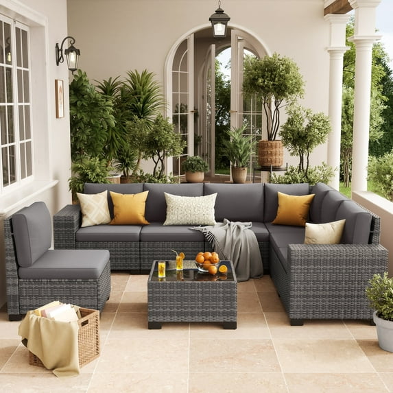 Techmilly Patio Furniture Set with Fire Pit Table, Outdoor Patio Sofa Set With Wide Armrest, All-Weather Wicker Rattan Guest Set With Cushion And Glass Table And Waterproof Cove,Gray rattan Dark Gray