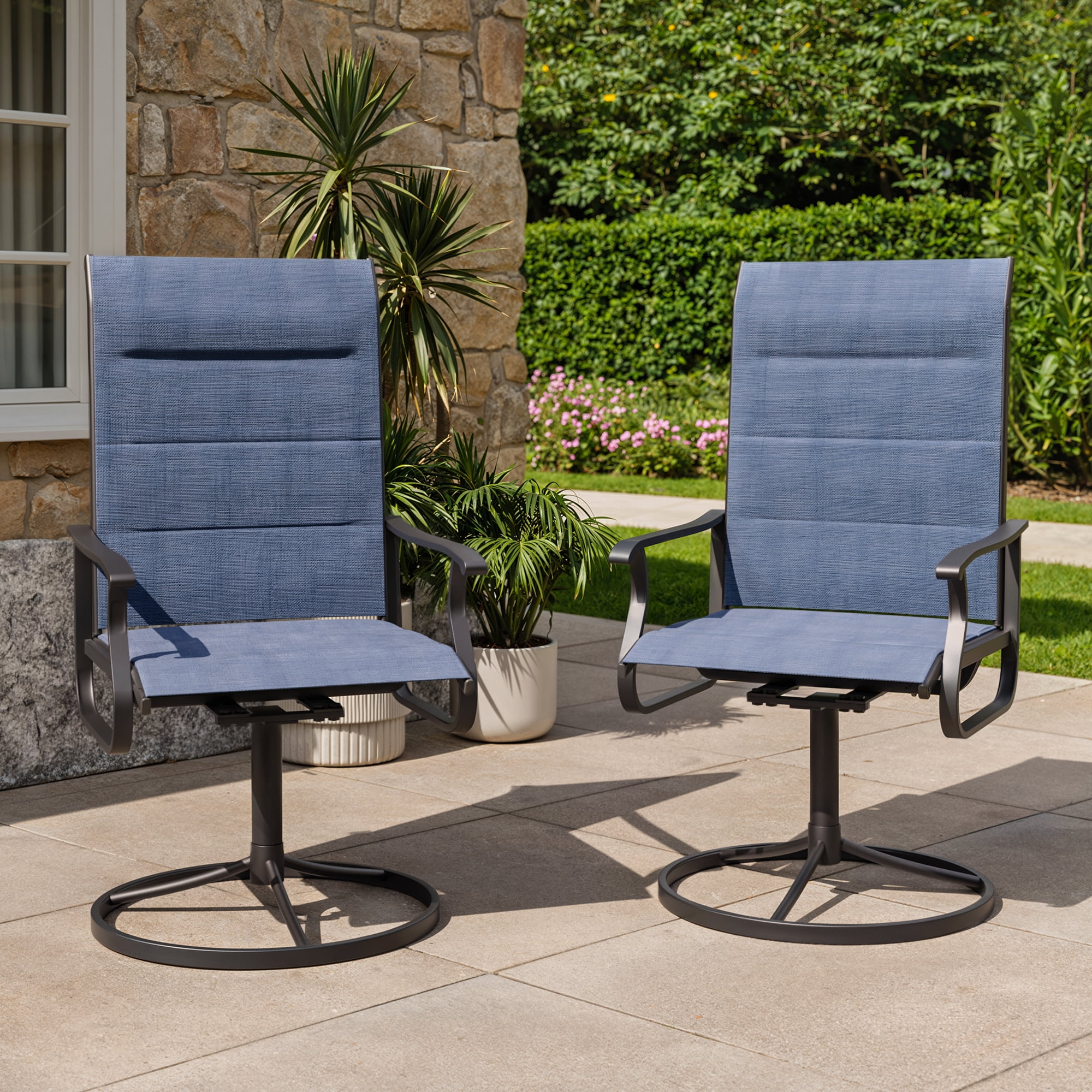 Techmilly Patio Swivel Chairs Set of 2, Outdoor Dining Chairs High Back Padded All Weather Breathable Textilene Outdoor Swivel Chairs with Metal Rocking Frame for Lawn Garden Backyard Deck, Navy Blue