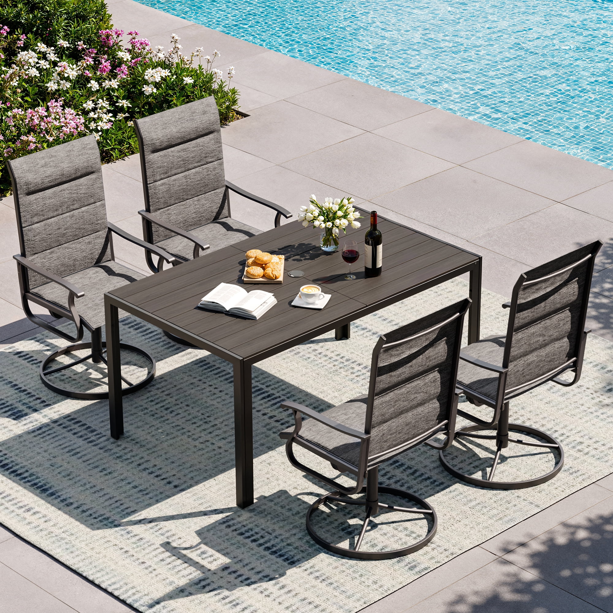 Techmilly Patio Swivel Chairs Set of 4, Outdoor Dining Chairs High Back Padded All Weather Breathable Textilene Outdoor Swivel Chairs with Metal Rocking Frame for Lawn Garden Backyard Deck, Dark Grey