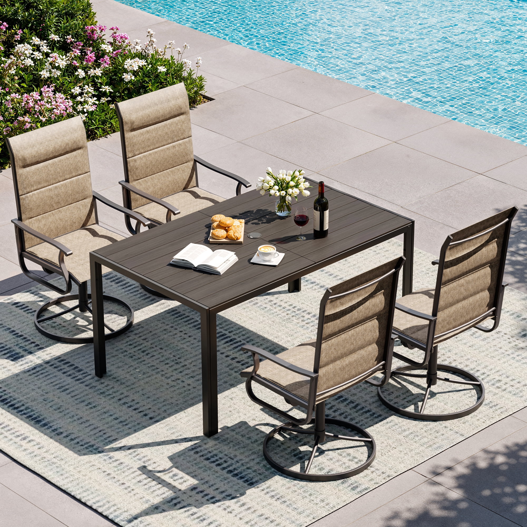 Techmilly Patio Swivel Chairs Set of 4, Outdoor Dining Chairs High Back, Padded All Weather Breathable Textilene Outside Furniture Chair , Grey White