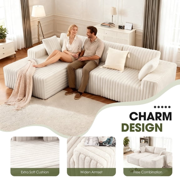 Techmilly 113” Cloud L-Shaped Sectional Couches,Modular Sofa with Deep Seat, Sponge Compression Sofas,Modern Modular L-Shape Sofa Couch with Chaise for Living Room Bedroom (White, Left Facing Chaise)