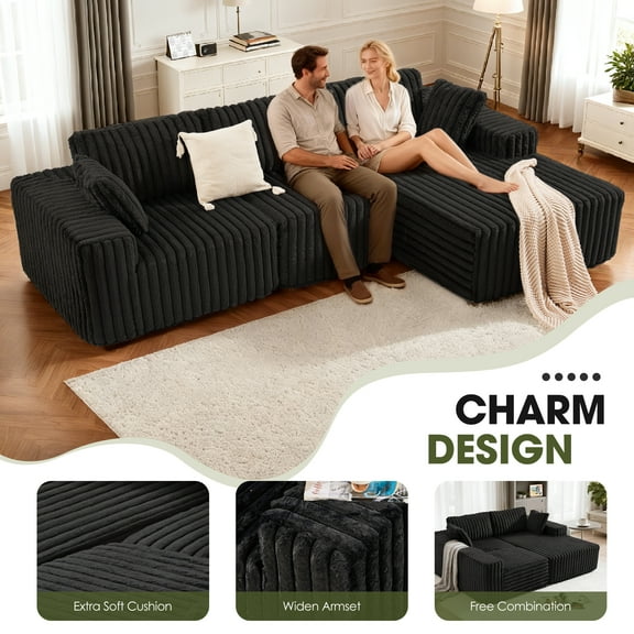 Techmilly Cloud L-Shaped Sectional Couches,Modular Sofa with Deep Seat, Sponge Compression Sofas, Black