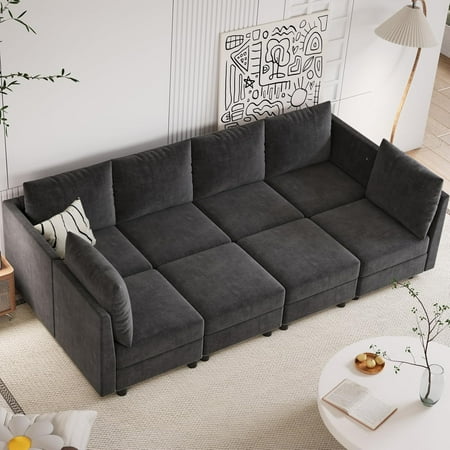 Techmilly Sectional Chenille Sofa, 8 Seats Modular Convertible Couch with Storage, Charging Station for Living Room, Dark Grey