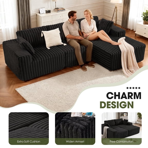 Techmilly 113” Cloud L-Shaped Sectional Couches,Modular Sofa with Deep Seat, Sponge Compression Sofas,Modern Modular L-Shape Sofa Couch with Chaise for Living Room Bedroom (Black, Right Facing Chaise