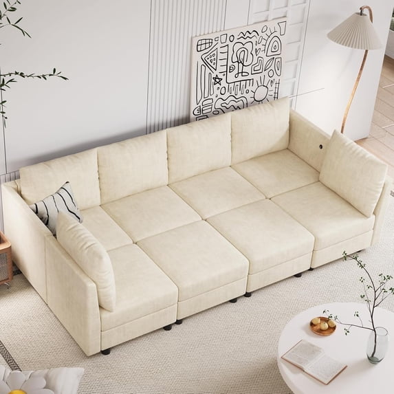 Techmilly Sectional Chenille Sofa, 8 Seats Modular Convertible Couch with Storage, Charging Station for Living Room, Beige