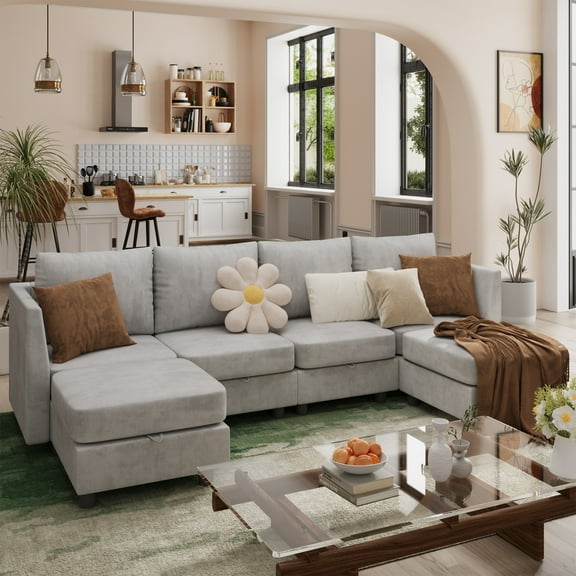 Techmilly U Shaped Sectional Couch, 6 Seats Modular Convertible Sectional Couch with Storage Ottomans, Modern Comfy Chenille Sofa Set with Charging Station for Living Room, Office, Light Grey