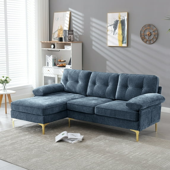 Techmilly Upholstered Sectional Sofa for Home, Apartment, Dorm, Bonus Room, Compact Space with Recliner, 3 Seats, L Shape Design, Reversible Ottoman Bench - Blue