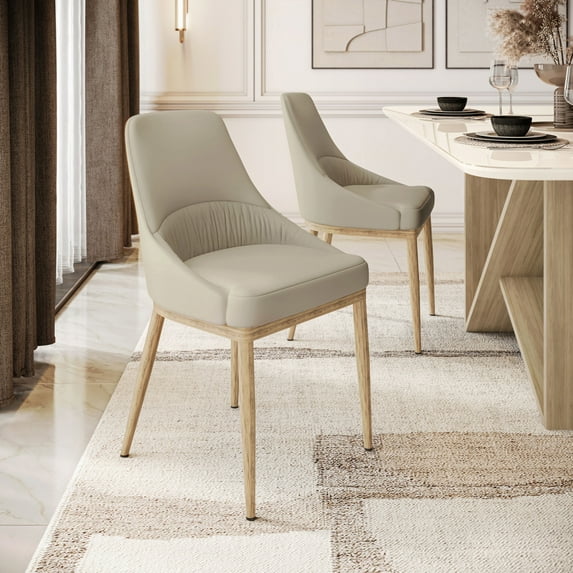 Techni Home Set of 2 Taupe Faux Leather Armless Dining Chairs with Wood-Look Metal Legs