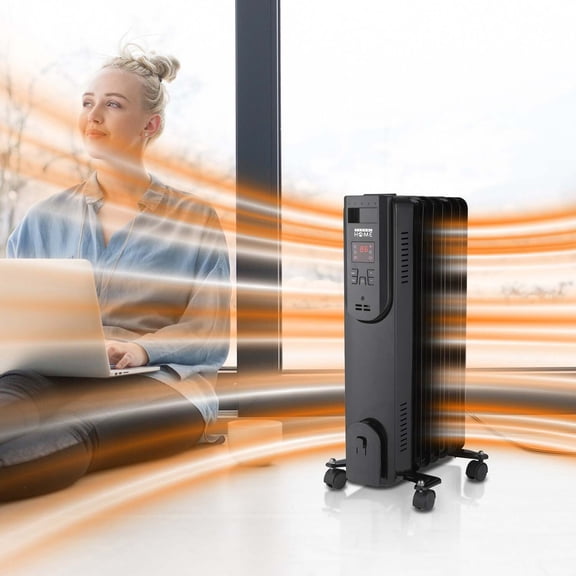 Techni Home Oil-Filled Radiator Space Heater with Remote Control, 7 Fins, Adjustable Thermostat, 3 Heat Settings (Low/Med/High), LED Display, Tip-Over & Overheat Protection, Portable Electric Heater f